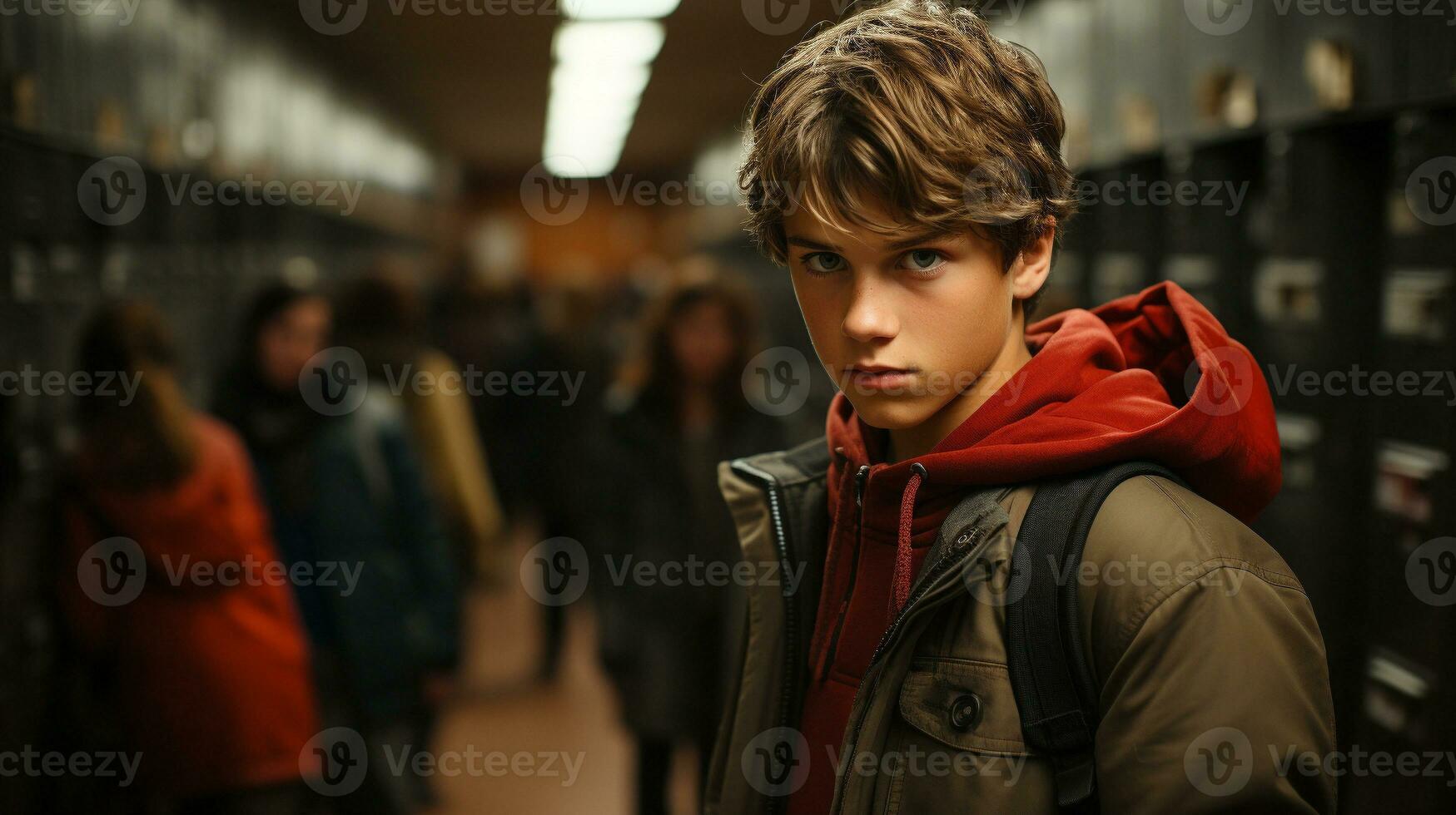 Sinister looking young male student who could be the bully of the school - Generative AI. photo