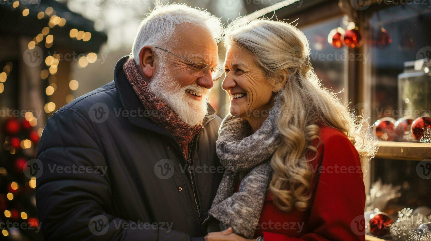 Happy Senior Adult Couple Enjoying The Holiday Decorated Christmas Shops in the Village One Evening. Generative AI. photo