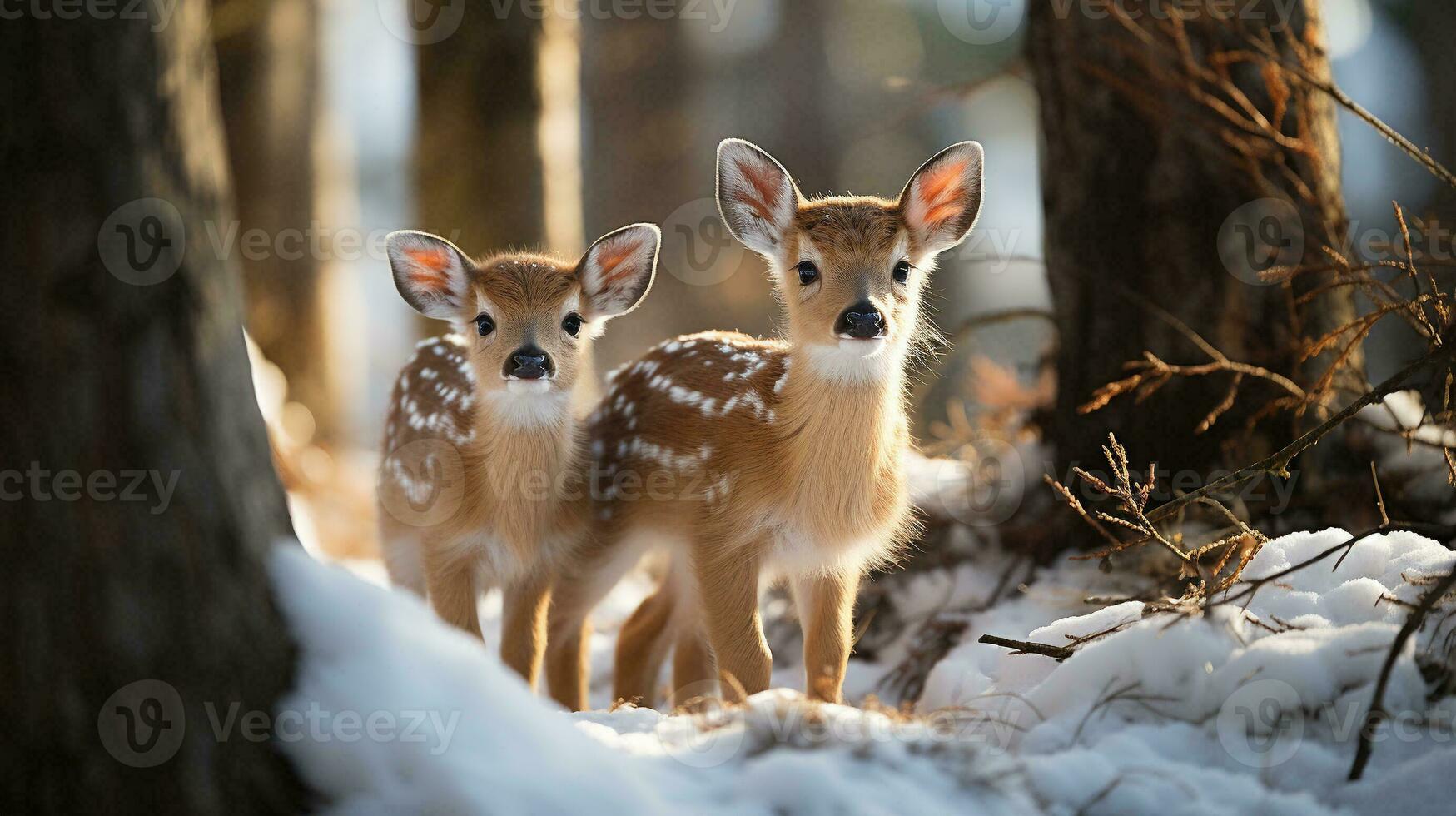 Two Adorable Fawn Deer in The Wintery Wilderness. Generative AI. photo