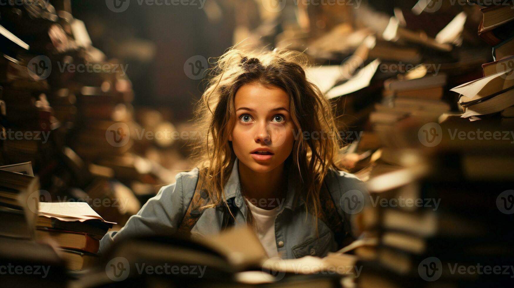 Young girl student sitting stunned and overwhelmed amidst a never ending pile of books and papers surrounding him - Generative AI. photo