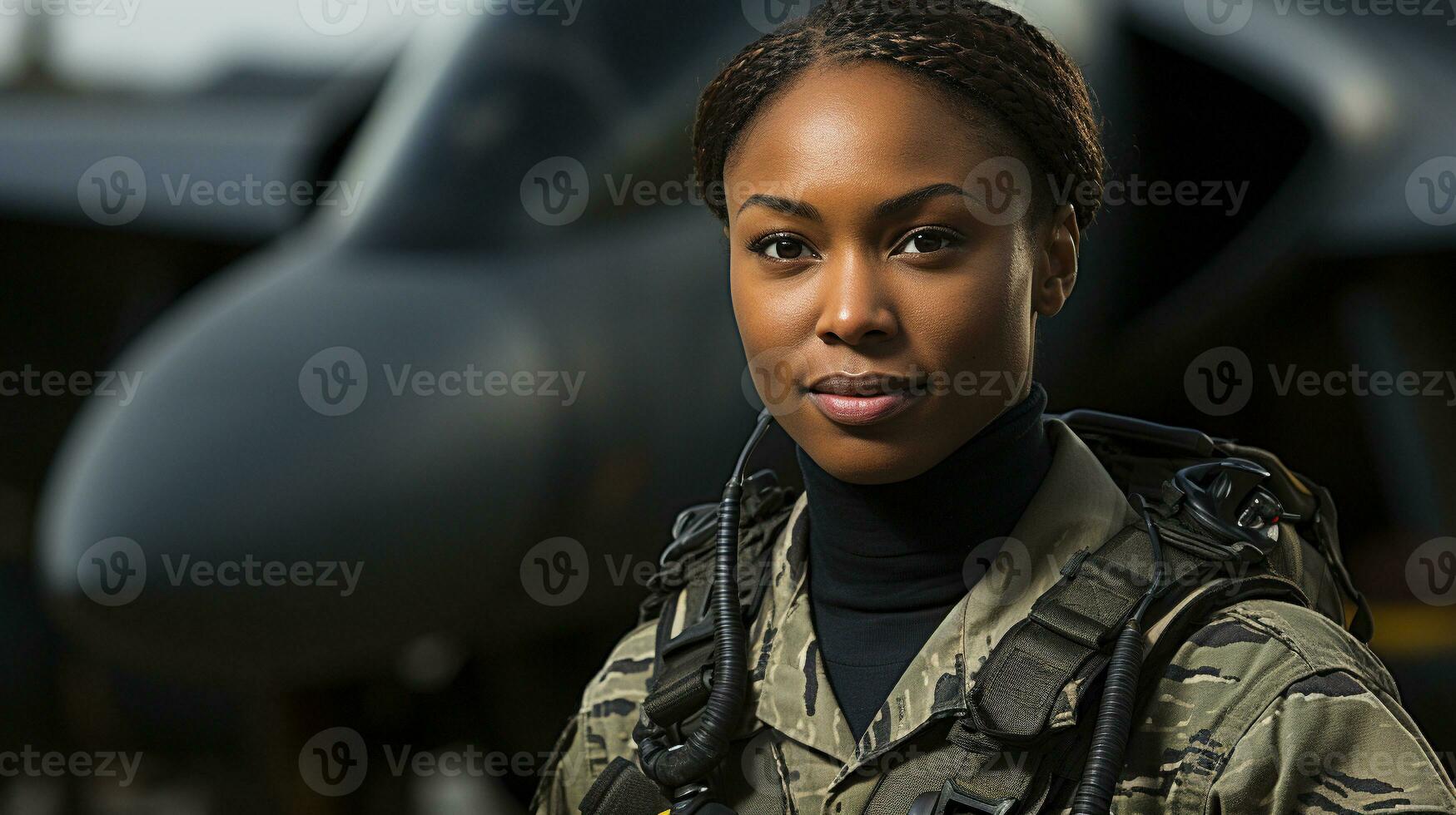 hembra africano americano combatiente piloto soldado soportes fuera de su combatiente chorro - generativo ai. foto
