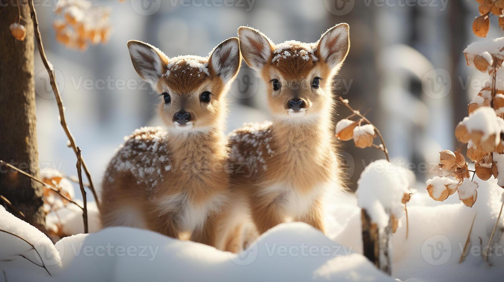 Two Adorable Fawn Deer in The Wintery Wilderness. Generative AI. photo