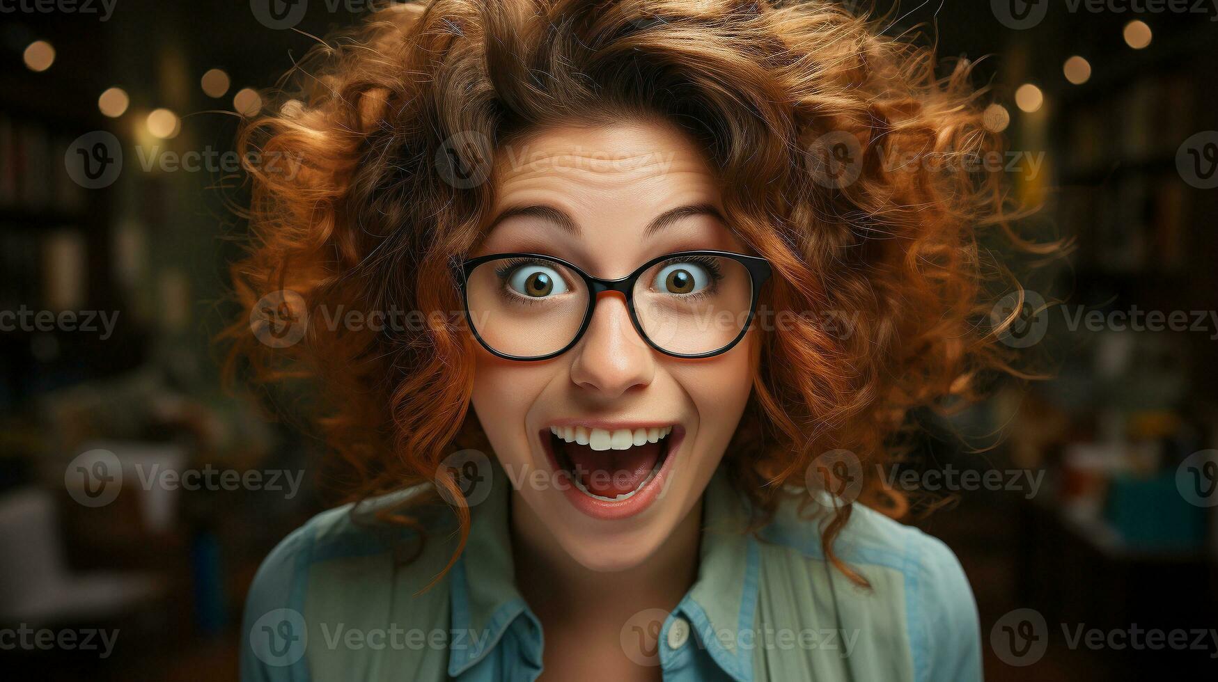 Deliriously happy and excited young adult girl wearing glasses smiling in her office or room - generative AI. photo