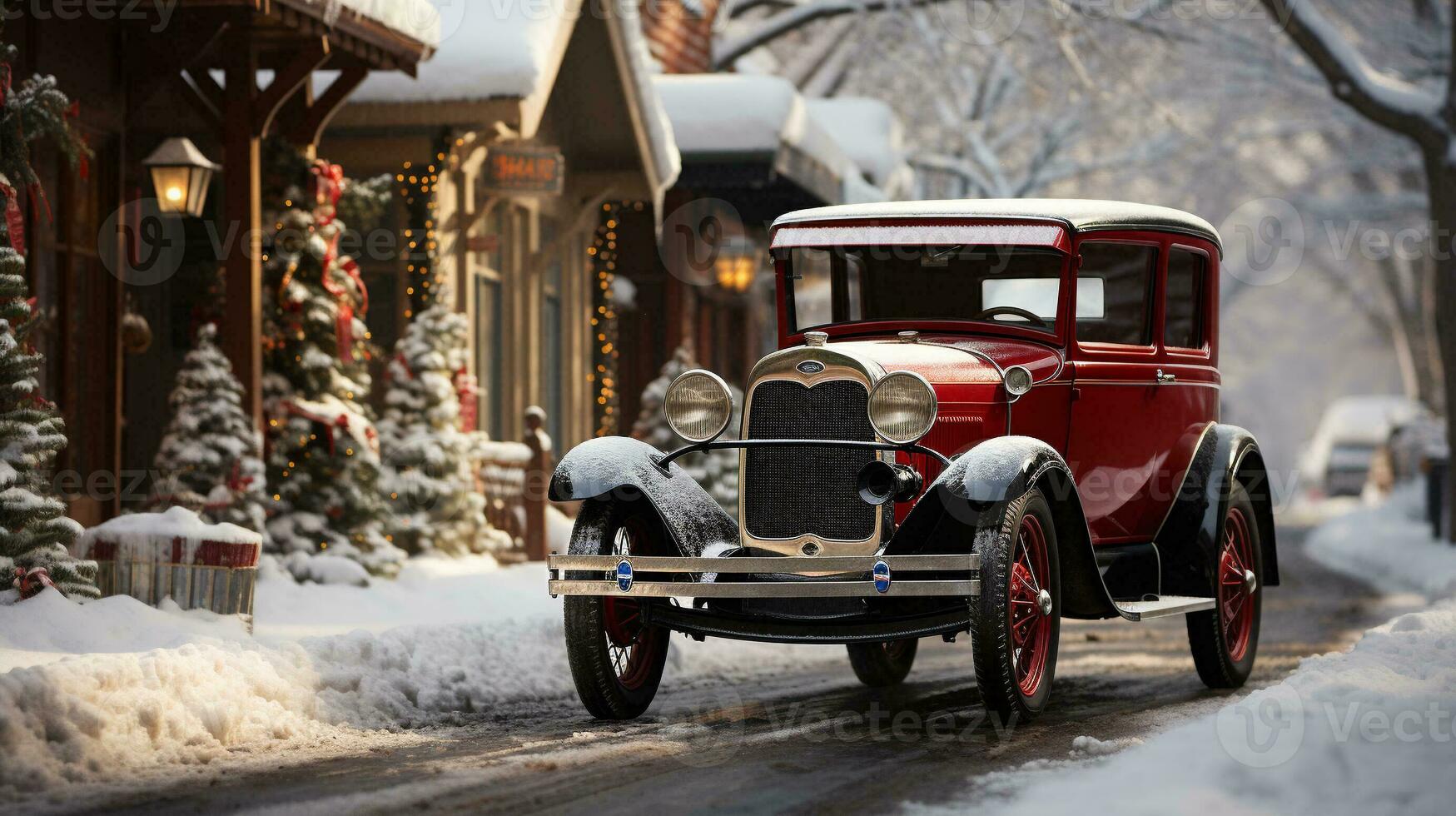 Classic Vintage Car Parked Outside The Festively Christmas Decorated Shops. Generative AI. photo