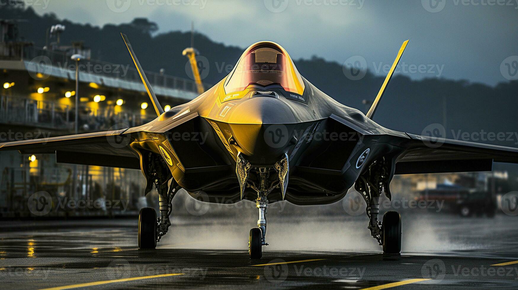 A Lockheed Martin F 35 Fighter Jet takes off of an aircraft carrier. Generative AI. photo