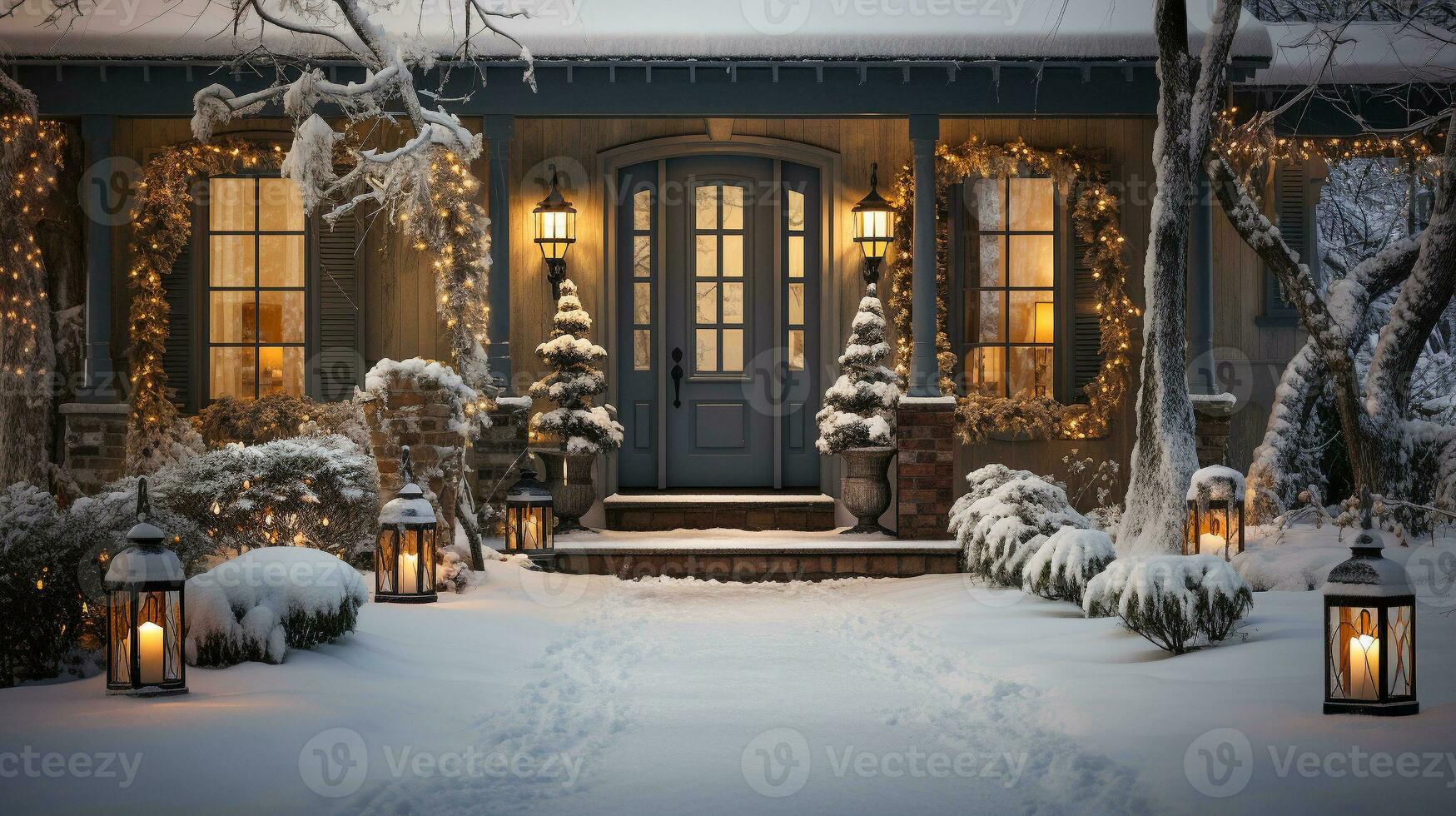 Beautiful Christmas decorated front door and porch of a house on a winter evening. Generative AI. photo