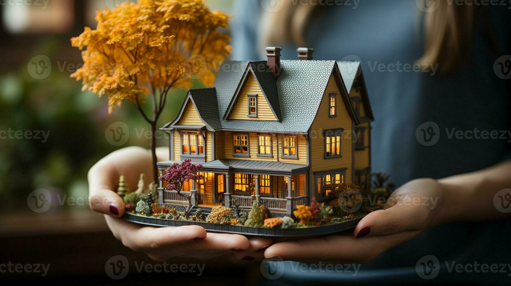 A female real estate agent holding a miniature house in front of her - generative AI. photo