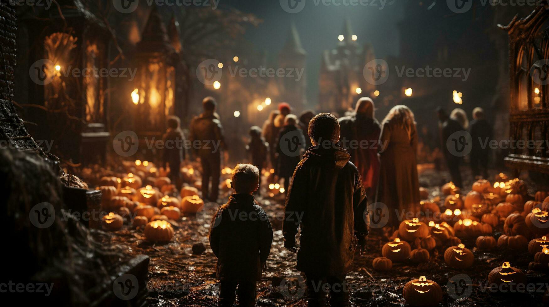 Spooky teenagers and children dressed up for Halloween walking down the sidewalk together - generative AI. photo