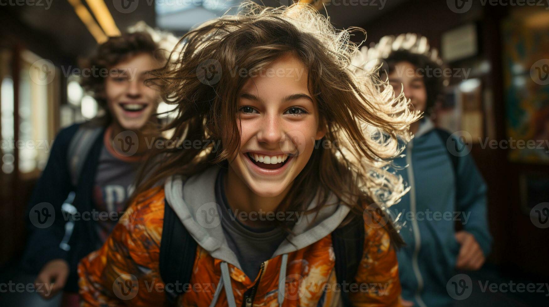 Happy and excited teenaged students walking down the hallway of their school - Generative AI. photo