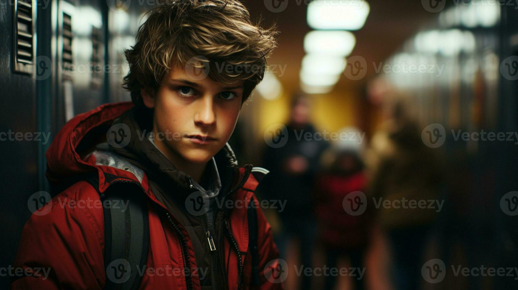 Sinister looking young male student who could be the bully of the school - Generative AI. photo