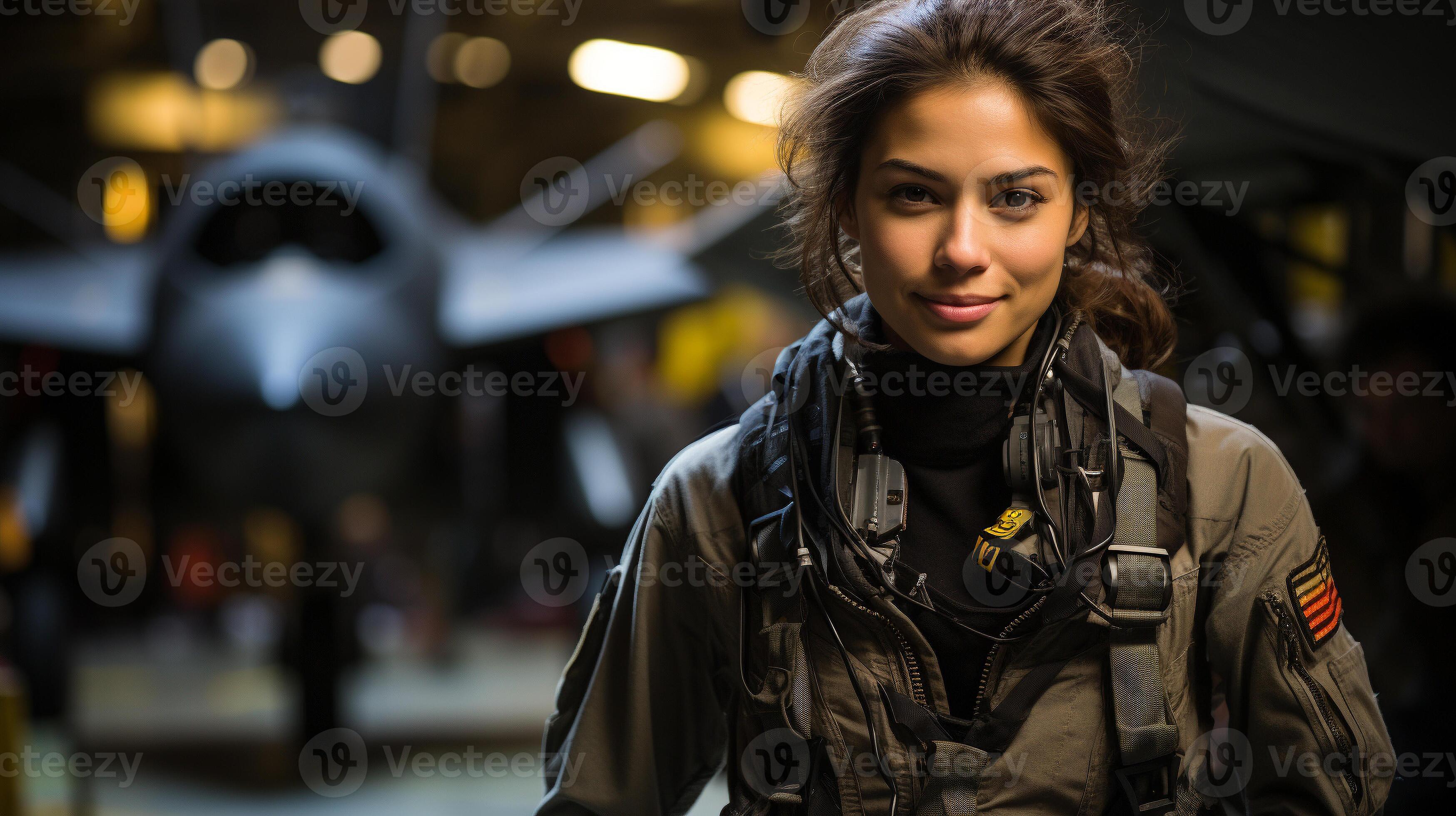 Mixed Race female fighter pilot soldier standing outside her military