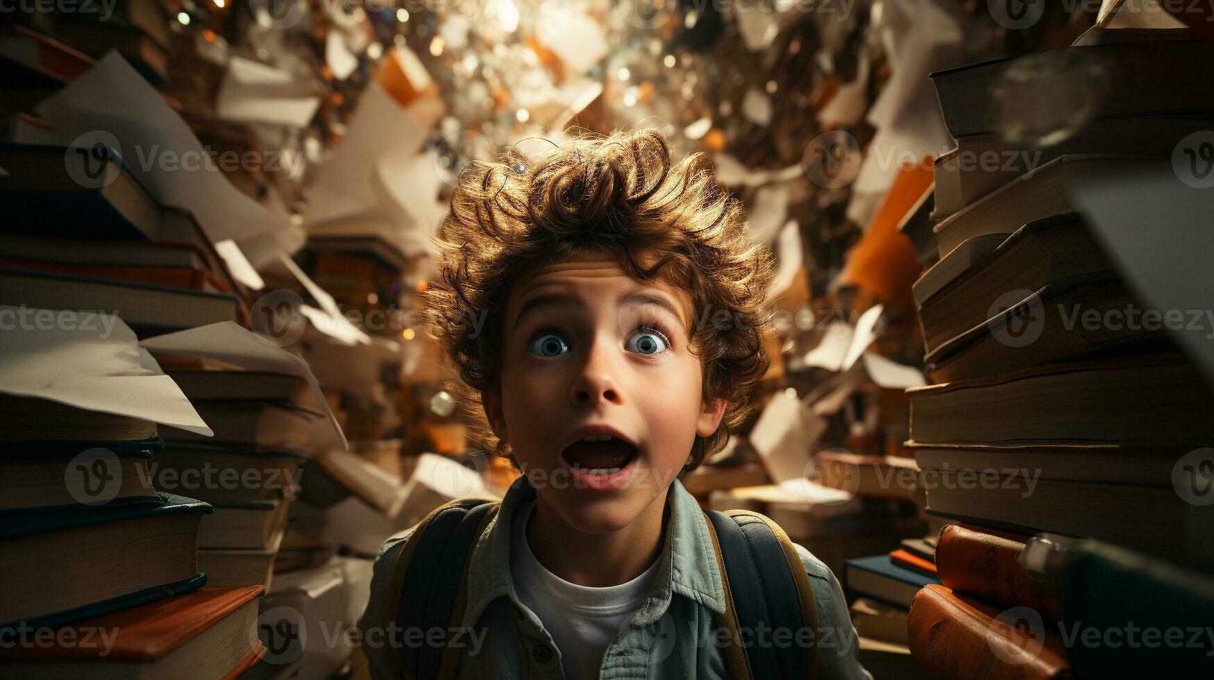 Young boy student sitting stunned and overwhelmed amidst a never ending pile of books and papers surrounding him - Generative AI. photo