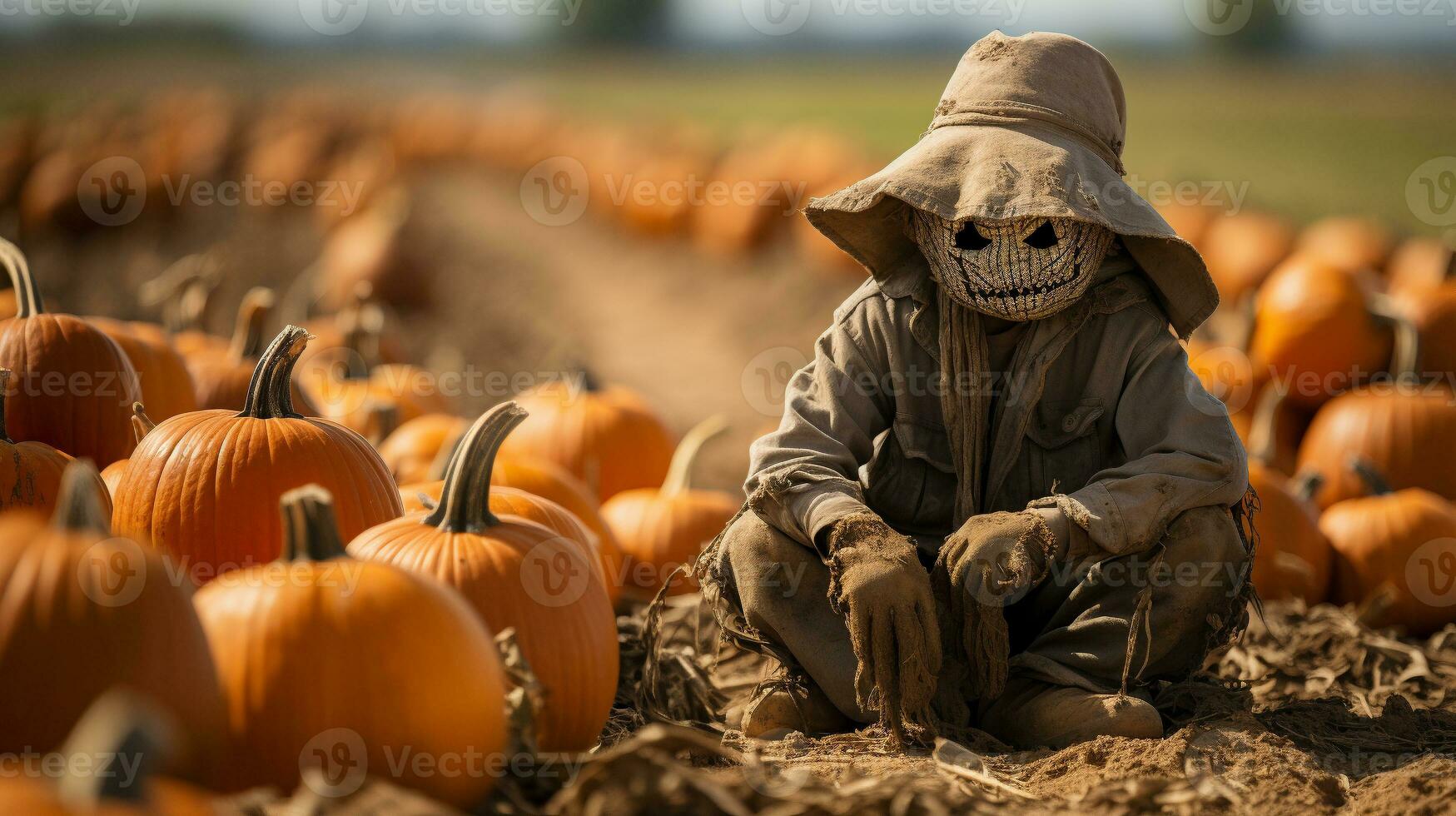 escalofriante Víspera de Todos los Santos espantapájaros figura en medio de el calabazas en el campo - generativo ai. foto