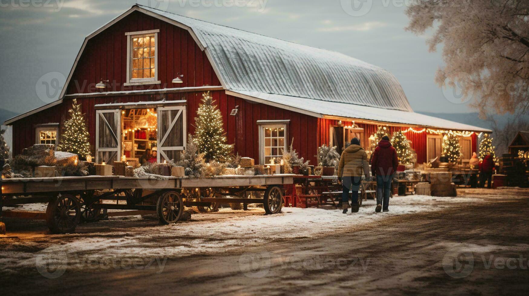 Couple Shopping At the Festive Red Christmas Barn Shop. Generative AI. photo