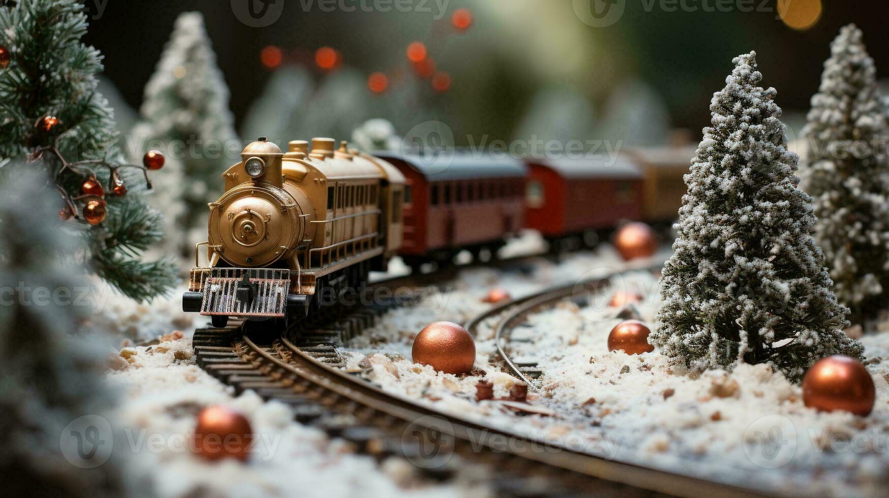 Miniature Locamotive Train Set In A Snowy Christmas Holiday Setting. Generative AI. photo