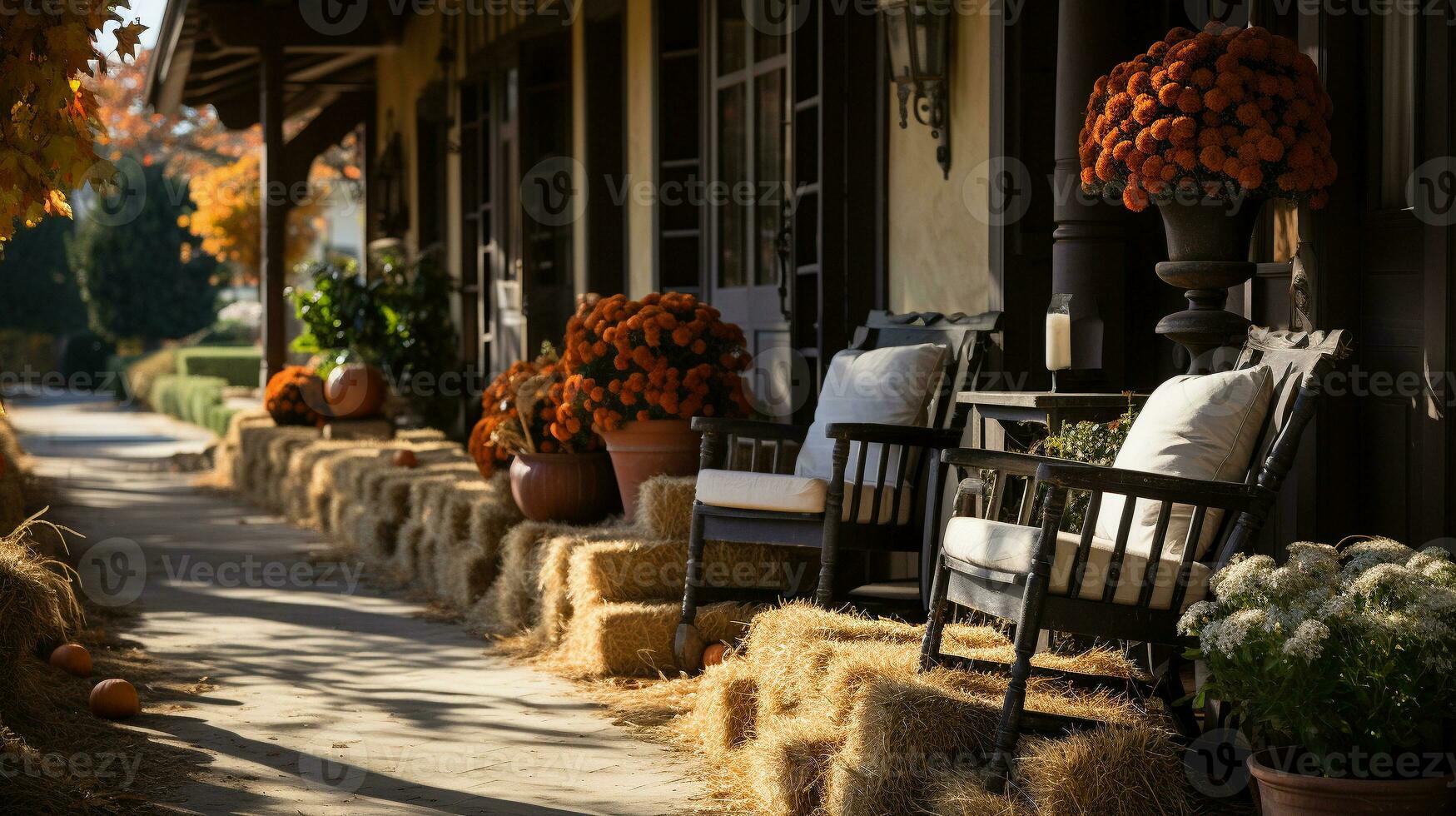 otoño y otoño hermosamente decorado casa porches con calabazas, calabazas y asientos - generativo ai. foto