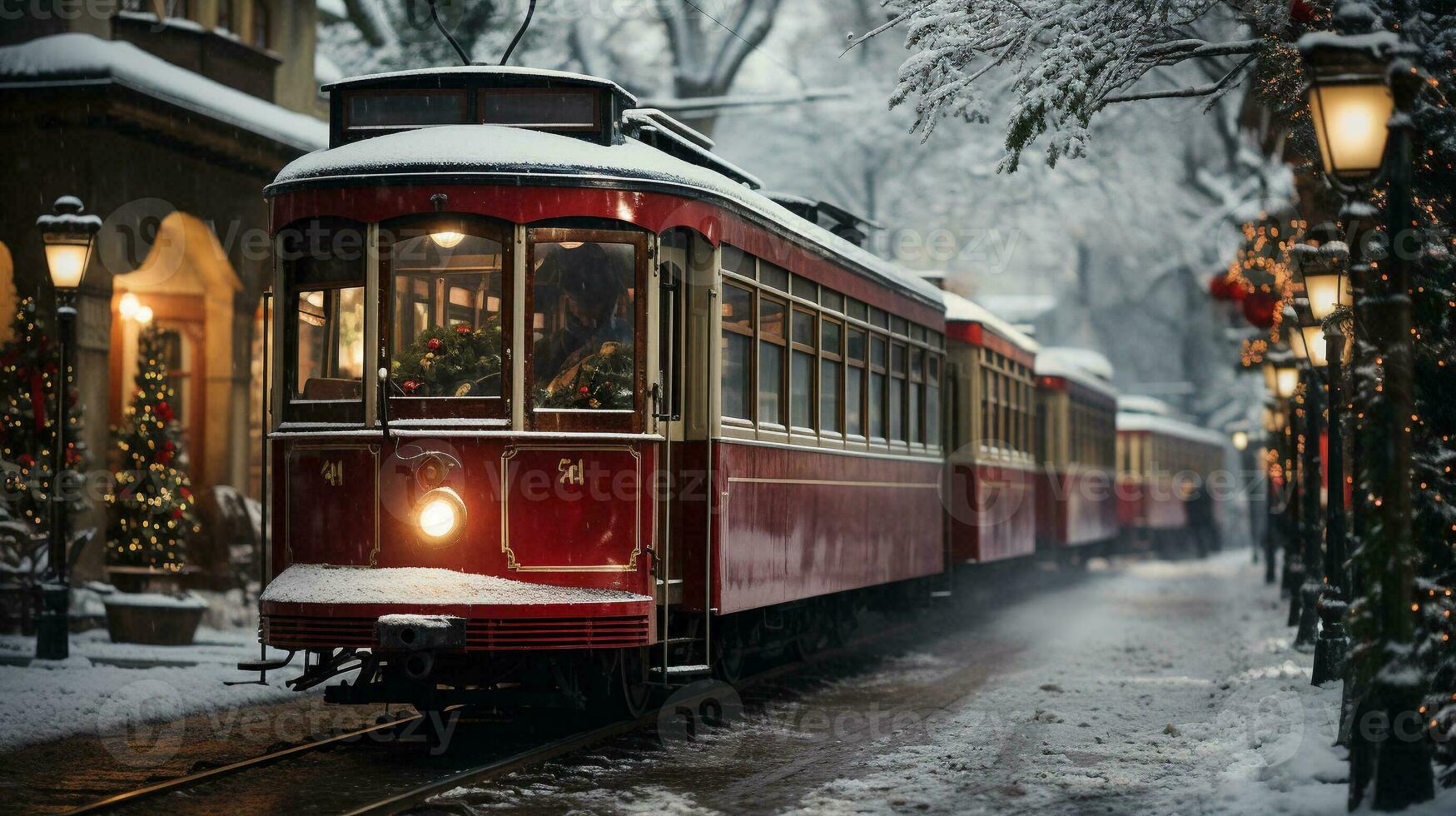 Festive Christmas Holiday Decorated Town Trolley Driving Down the Street. Generative AI. photo