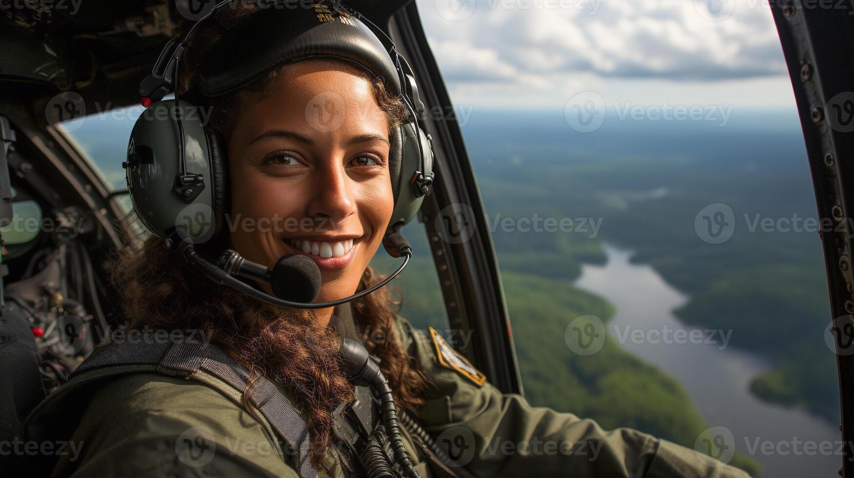 Female African American military helicopter pilot in the cockpit
