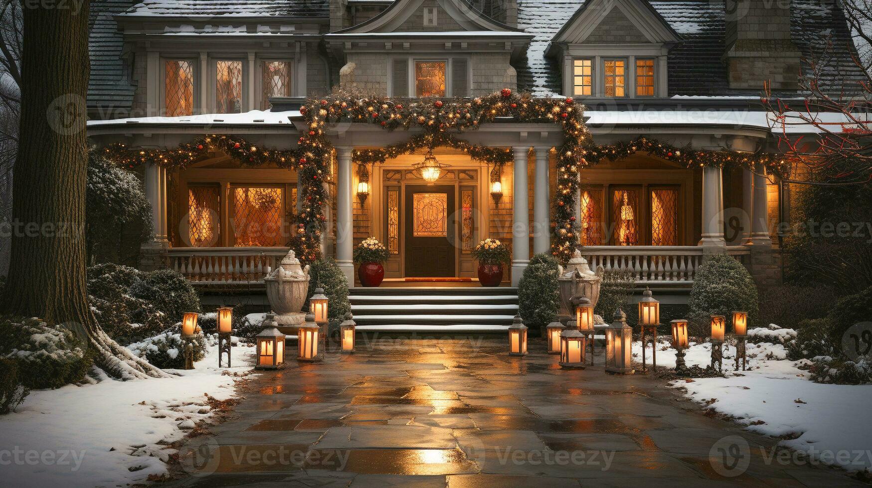 Beautiful Christmas decorated front door and porch of a house on a winter evening. Generative AI. photo