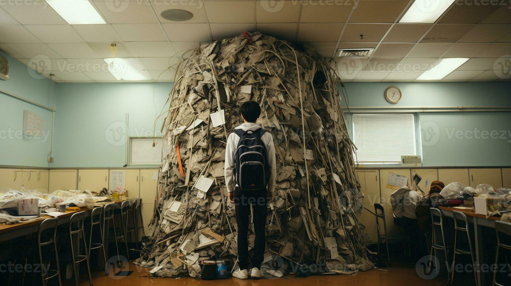 Young boy student standing bewildered in front of a towering pile to the ceiling of what represents homework in classroom  - Generative AI. photo