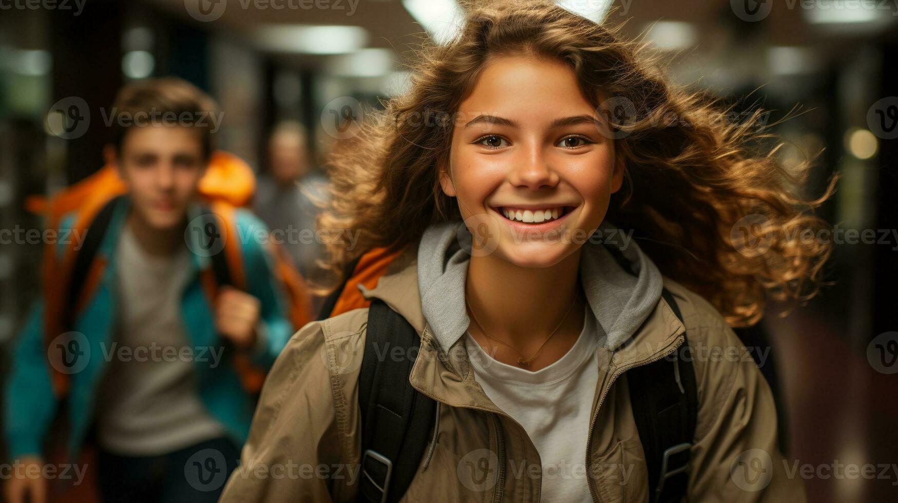 Happy and excited teenaged students walking down the hallway of their school - Generative AI. photo