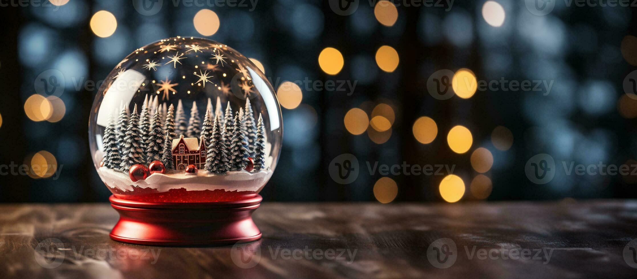 Christmas Snow Globe with Pine Trees and Cabin on a Wood Surface Banner. Generative AI. photo