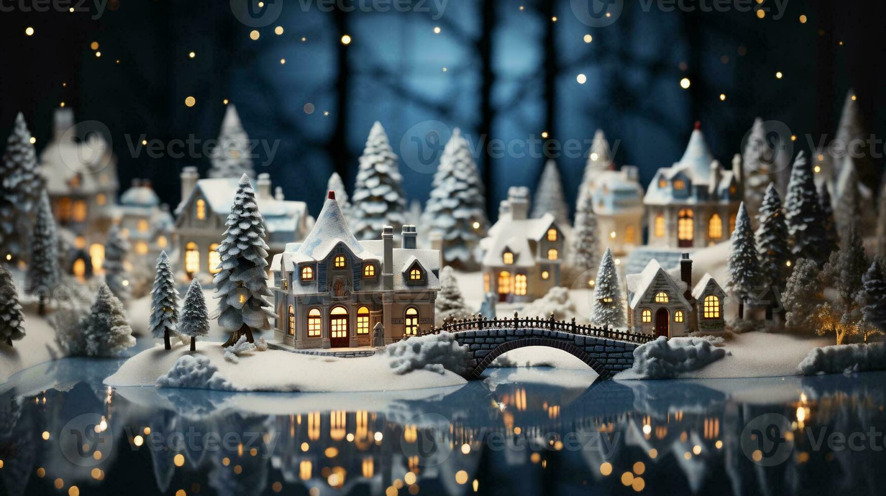 Miniature Holiday Christmas Decorated Town and Snowy Village Scene. Generative AI. photo