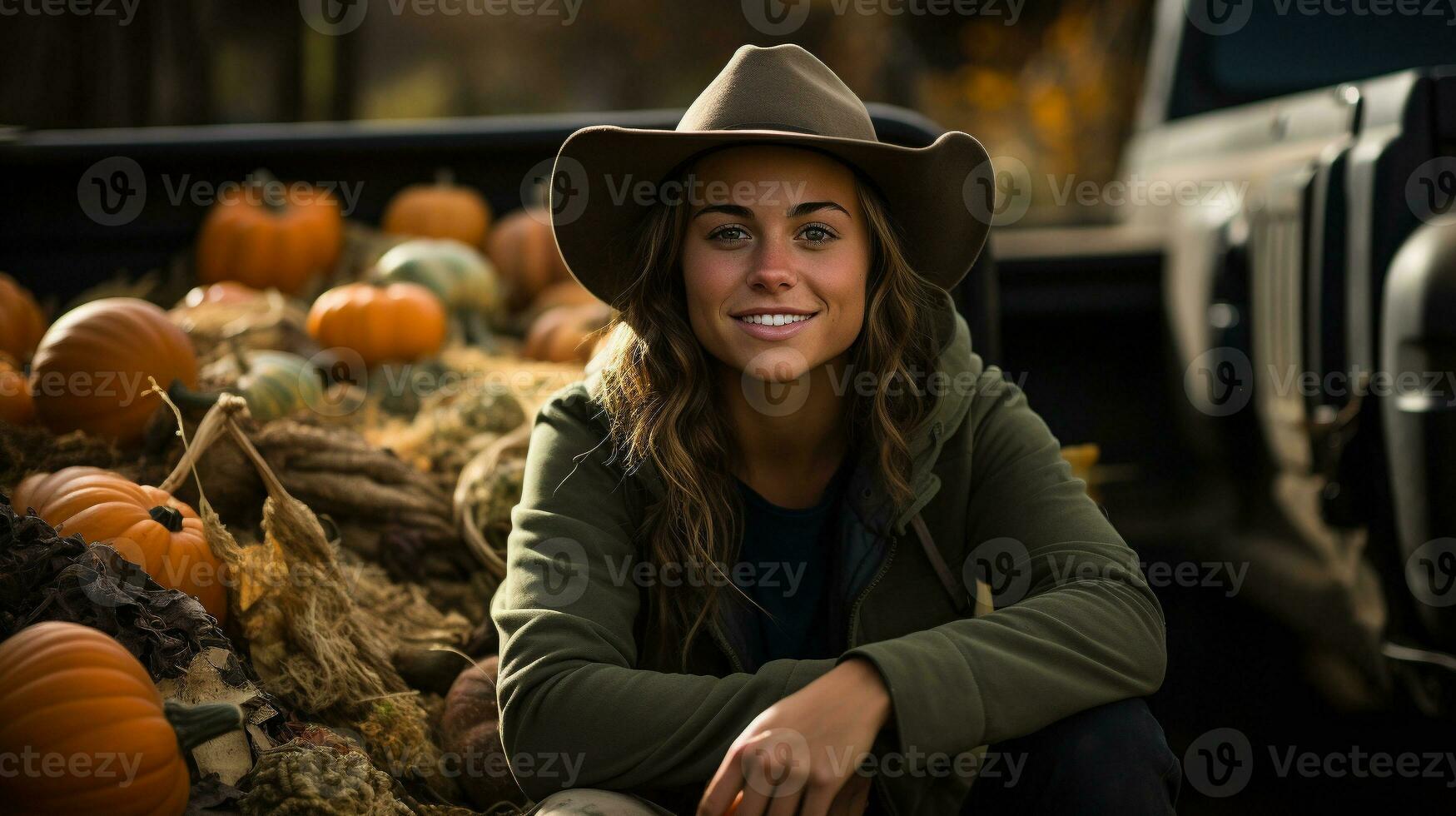 Young adult female farmer wearing cowboy hat sitting on the tailgate of her truck outdoors amongst her pumpkin patch harvest - generative AI. photo