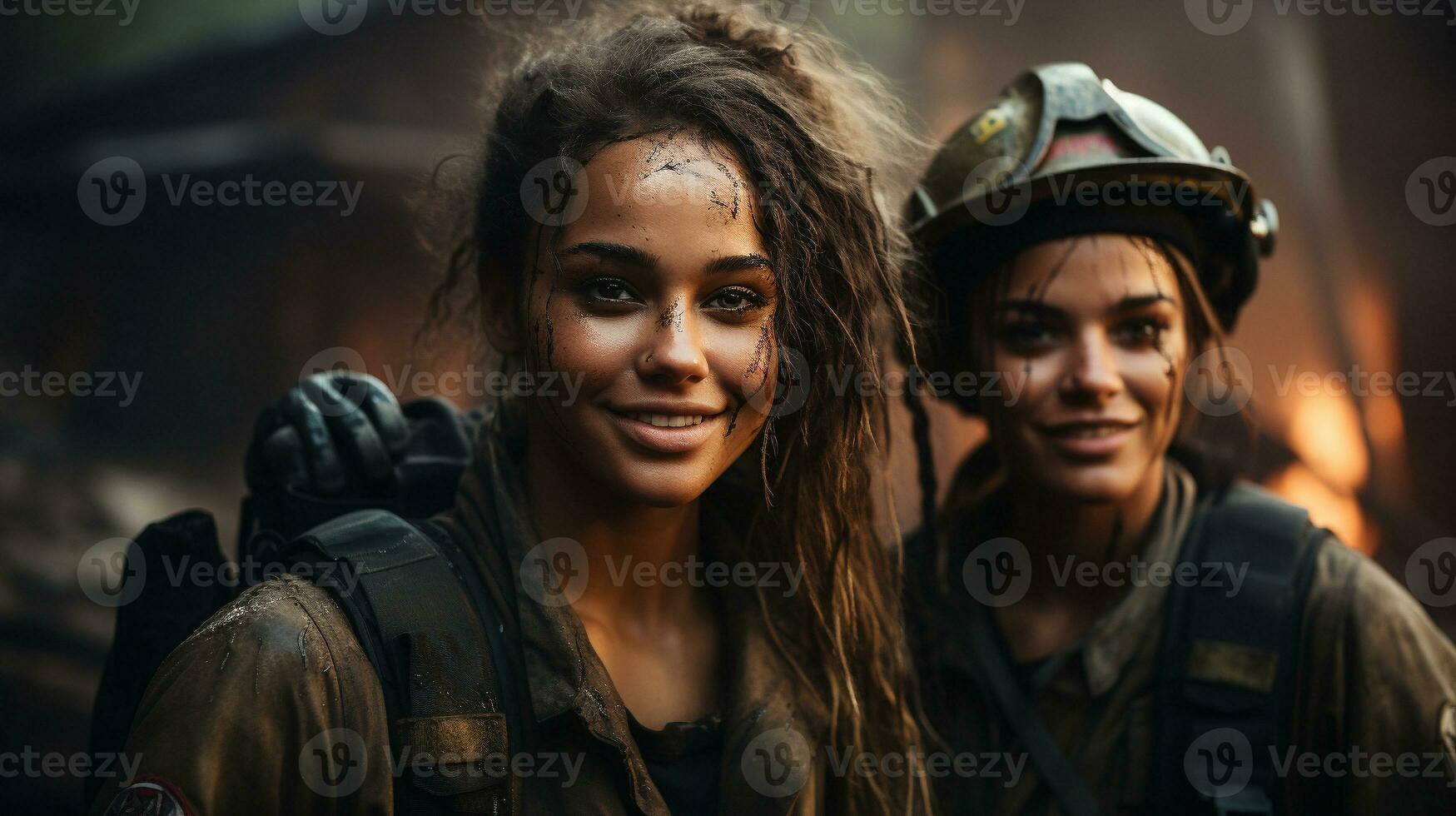 Female African American firefighters working in the field - generative AI. photo