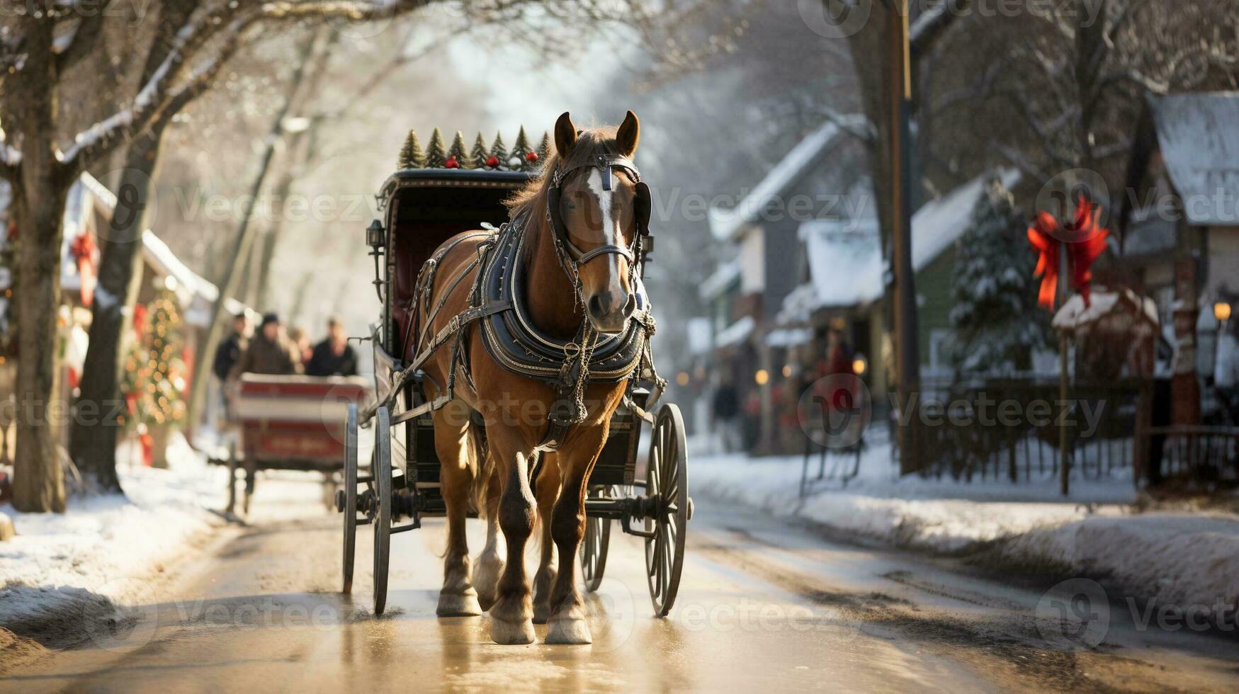 Horse Pulling a Holiday Decorated Carriage Through the Christmas Village. Generative AI. photo