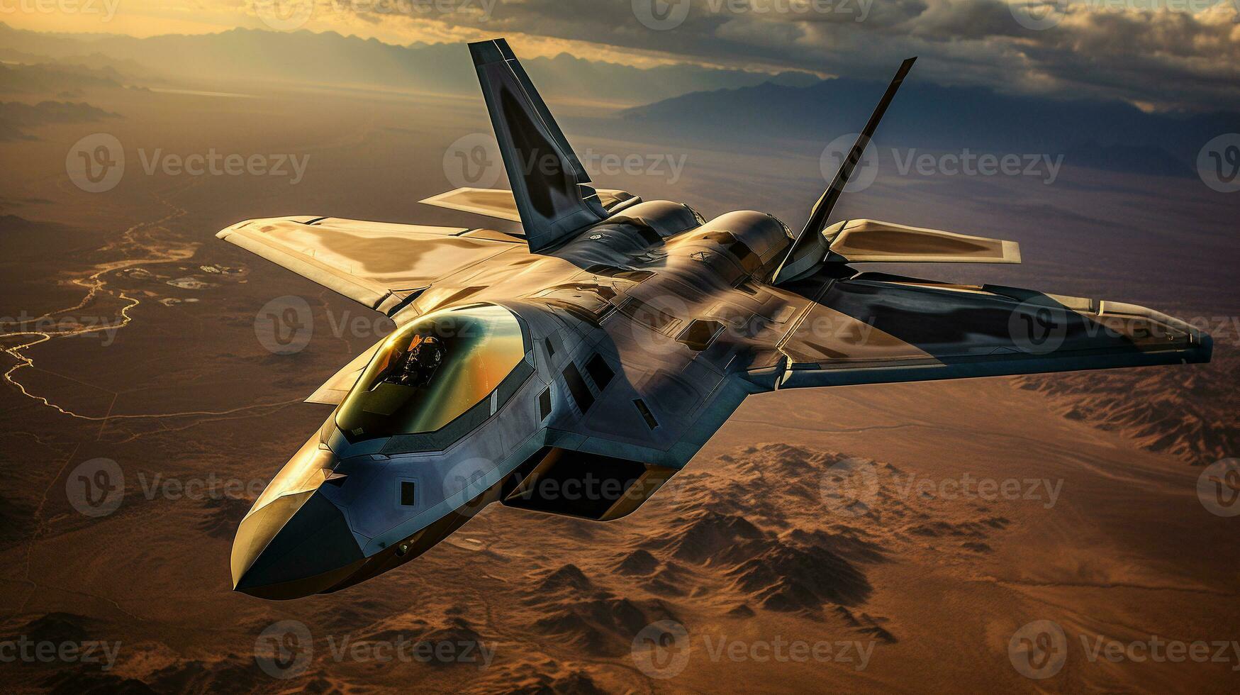 A Lockheed Martin F 35 Fighter Jet flying high in the air. Generative AI. photo