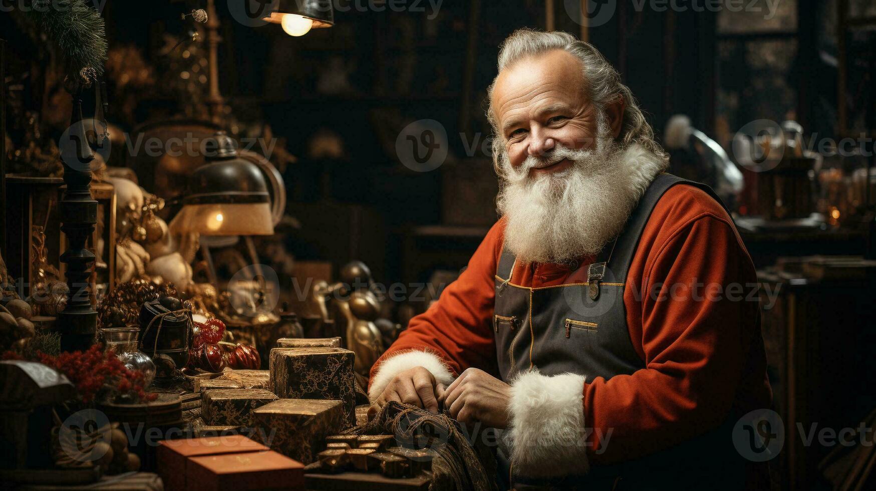 Santa Claus Working in his Workshop. Generative AI. photo