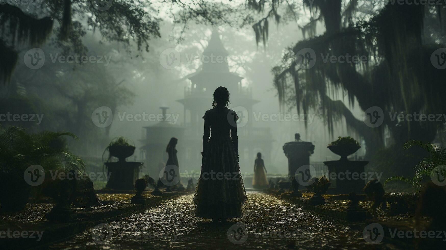 Eerie haunting ghostly silhouetted female figures walking in front of a foggy Southern Plantation antebellum mansion on Halloween night - generative AI. photo