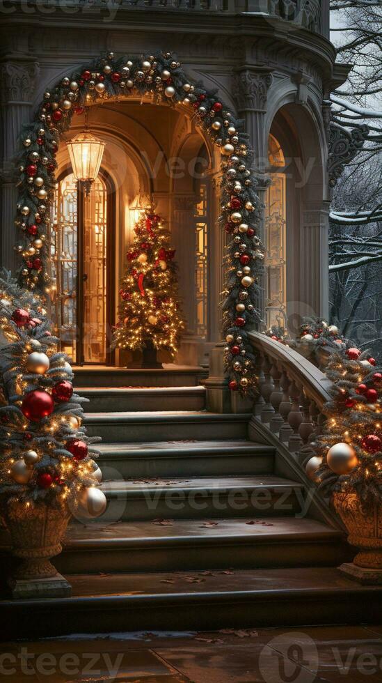 Beautiful Christmas decorated front door and porch of a house on a winter evening. Generative AI. photo