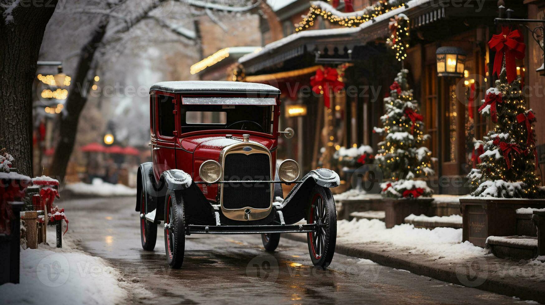 clásico Clásico coche estacionado fuera de el festivamente Navidad decorado tiendas generativo ai. foto