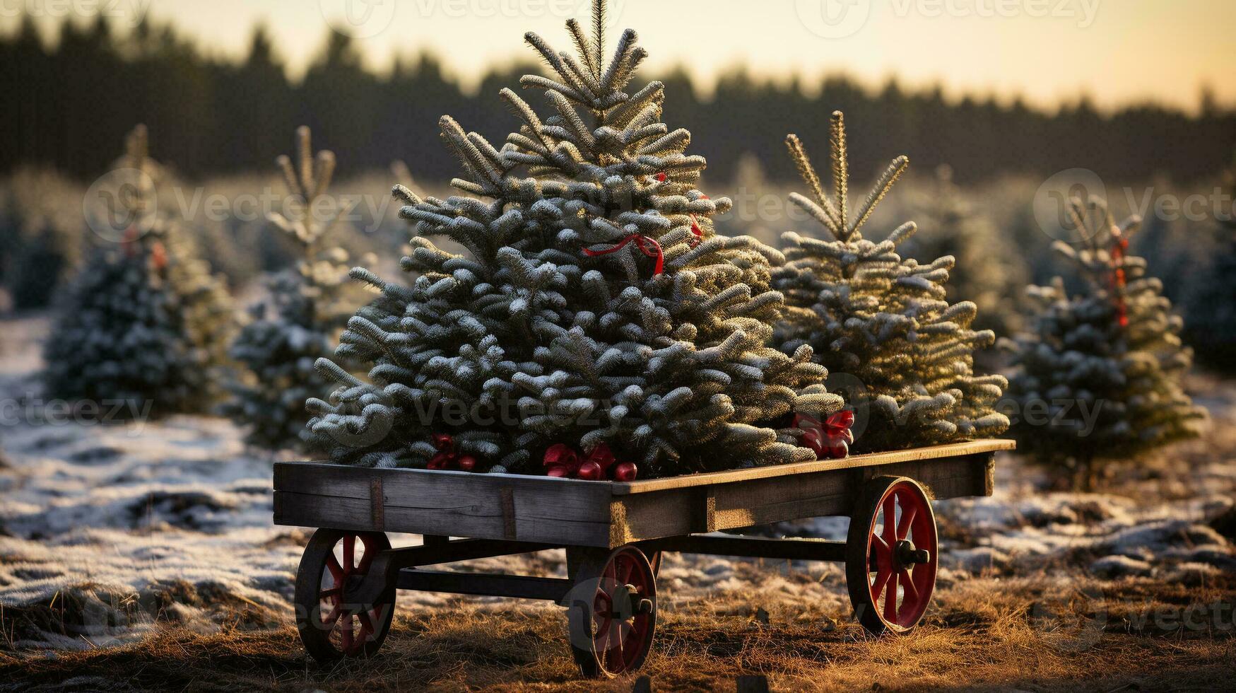 Christmas Trees with Red Bows Placed on the Tree Farm Cart. Generative AI. photo