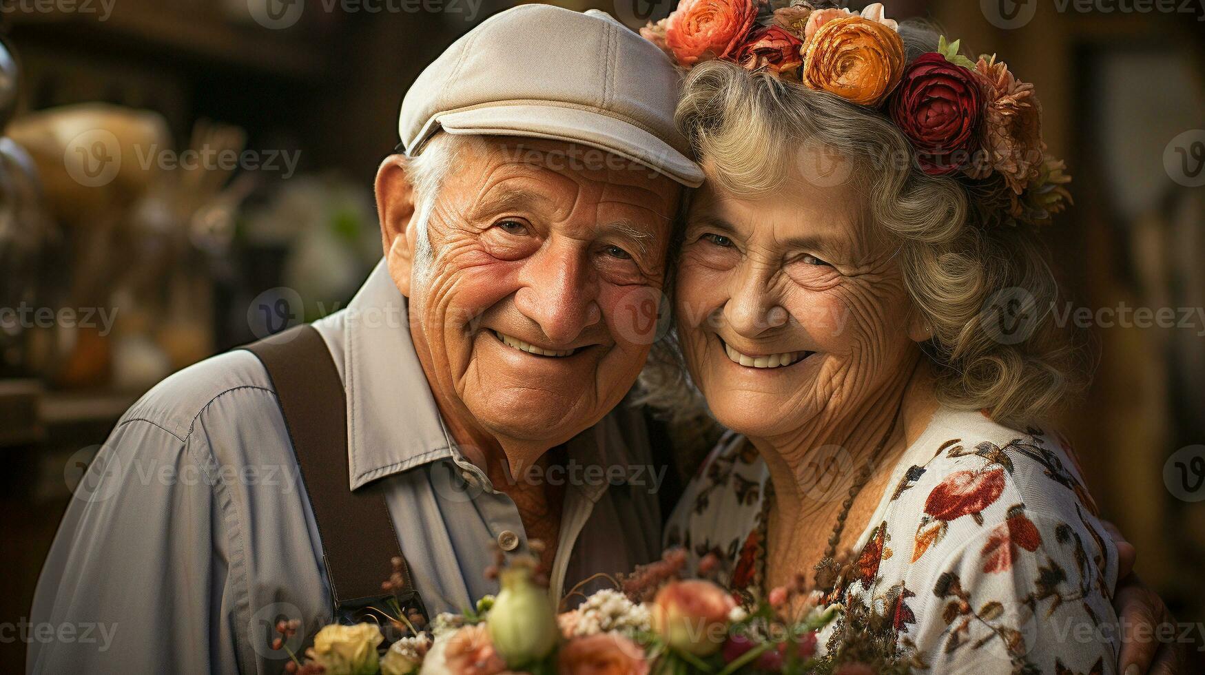 Affectionate Senior Couple Outdoor Portrait Wearing Warm Christmas Holiday Attire. Generative AI. photo