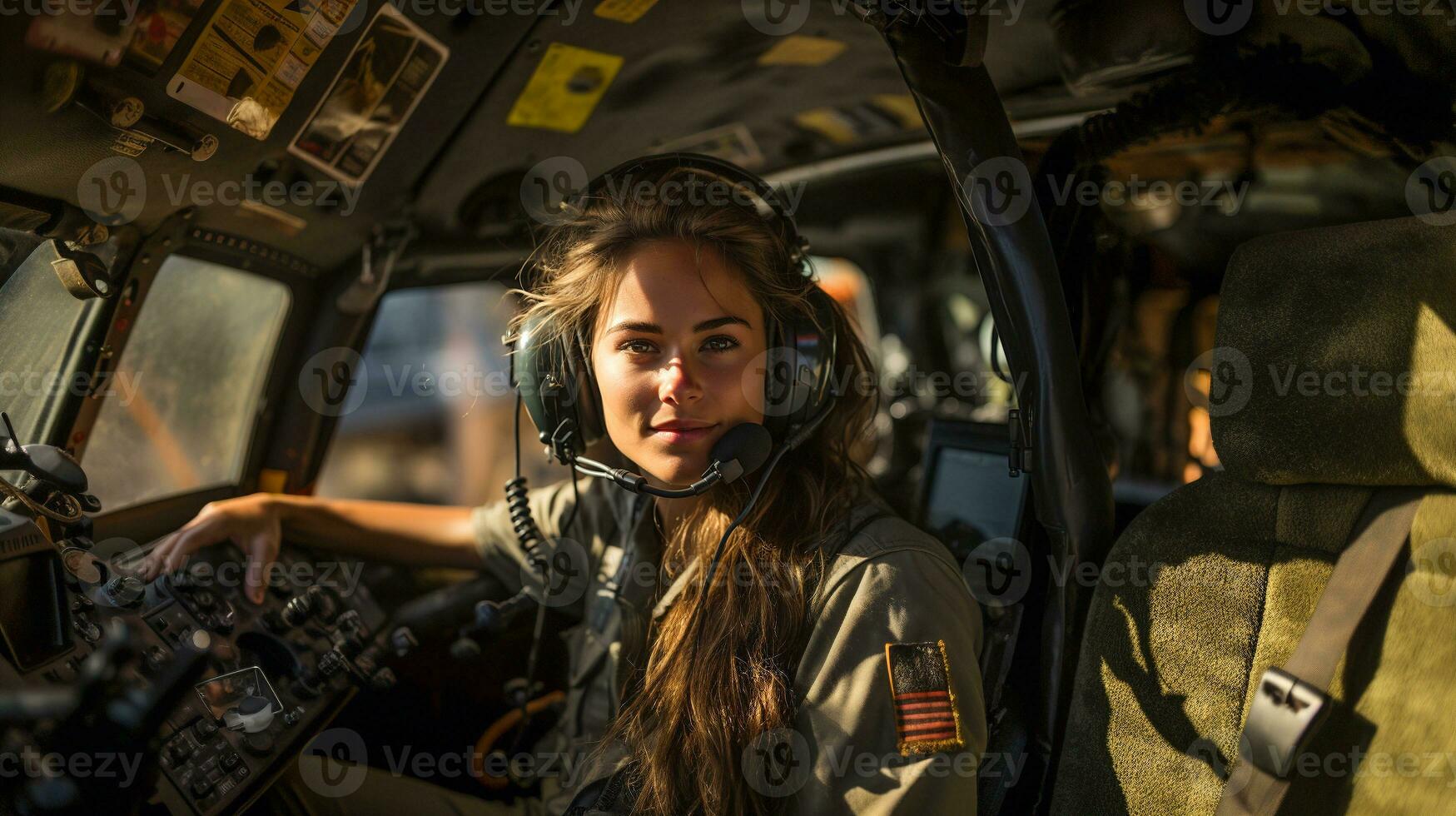 Female military helicopter pilot in the cockpit - generative AI. photo