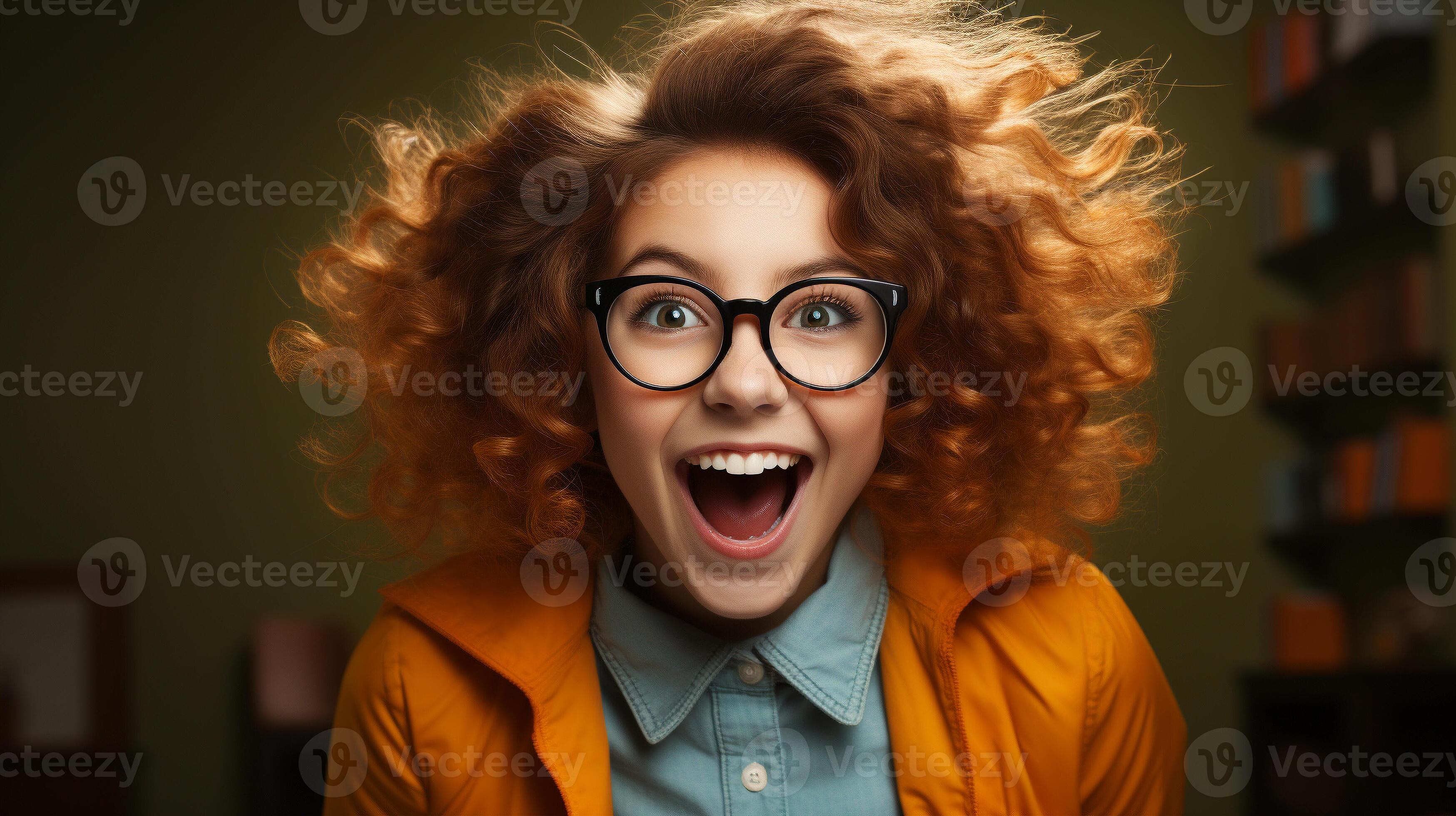 Deliriously happy and excited young girl wearing glasses smiling in her