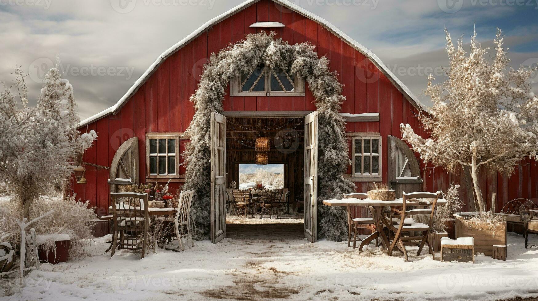 Red Barn, House or Shop Decorated for Christmas in a Beautiful Winter Snowy Scene. Generative AI. photo