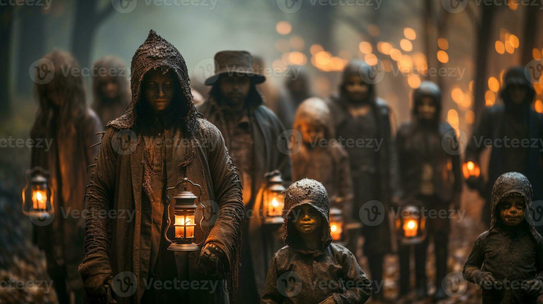 Spooky teenagers and children dressed up for Halloween walking down the sidewalk together - generative AI. photo