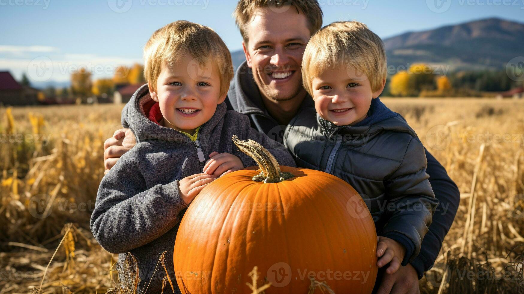 Happy young father and sons showing off their large ripe fall pumpkin at the pumpkin patch - generative AI. photo