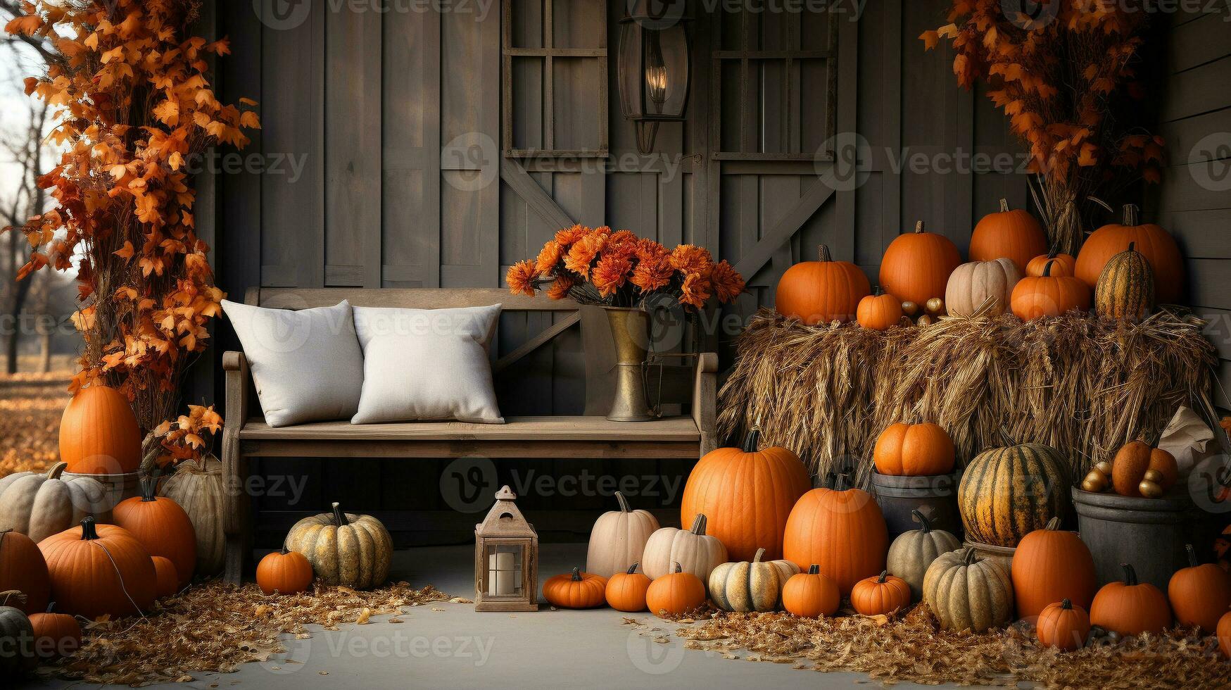 Fall and autumn beautifully decorated barn sitting area with pumpkins, gourds and seating - generative AI. photo