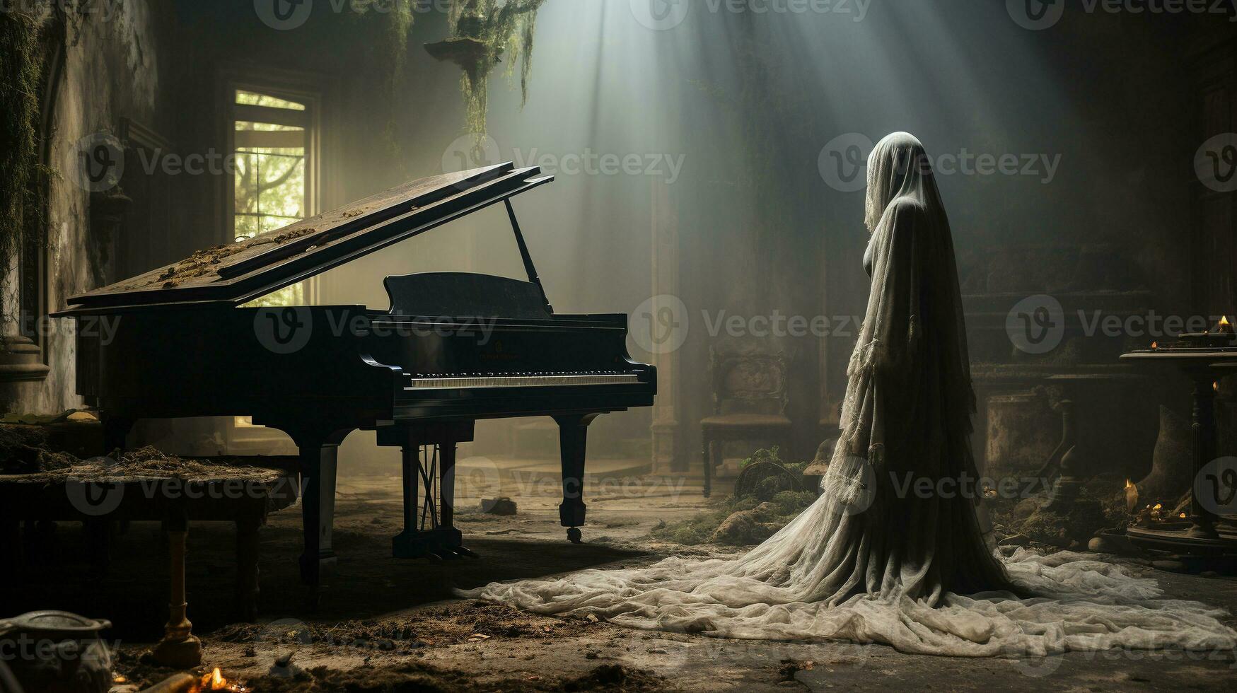 Mysterious and spooky female figure covered in sheer garment standing next to an old dusty piano in an abandoned house - generative AI. photo