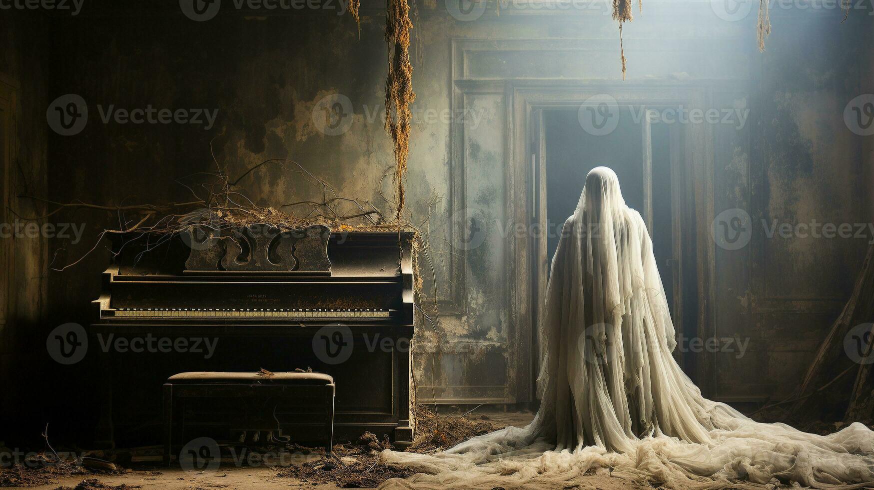 Mysterious and spooky female figure covered in sheer garment standing next to an old dusty piano in an abandoned house - generative AI. photo