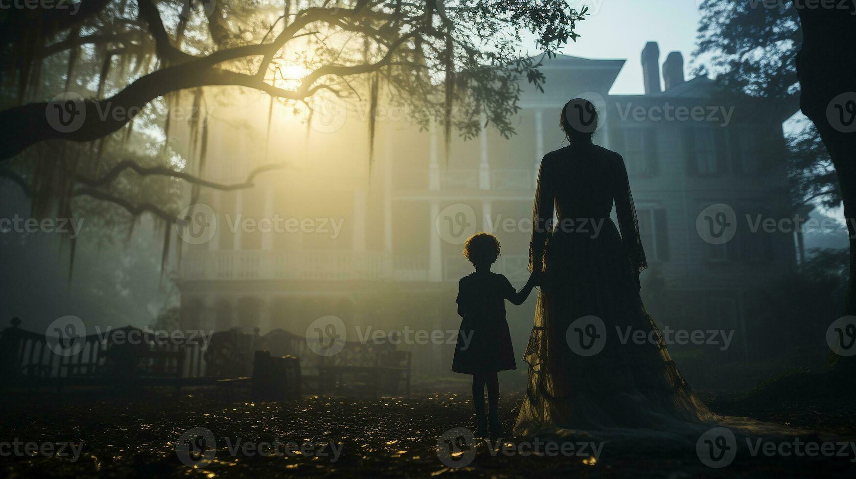 Eerie haunting ghostly silhouetted female and child figures walking in front of a foggy Southern Plantation antebellum mansion on Halloween night - generative AI. photo