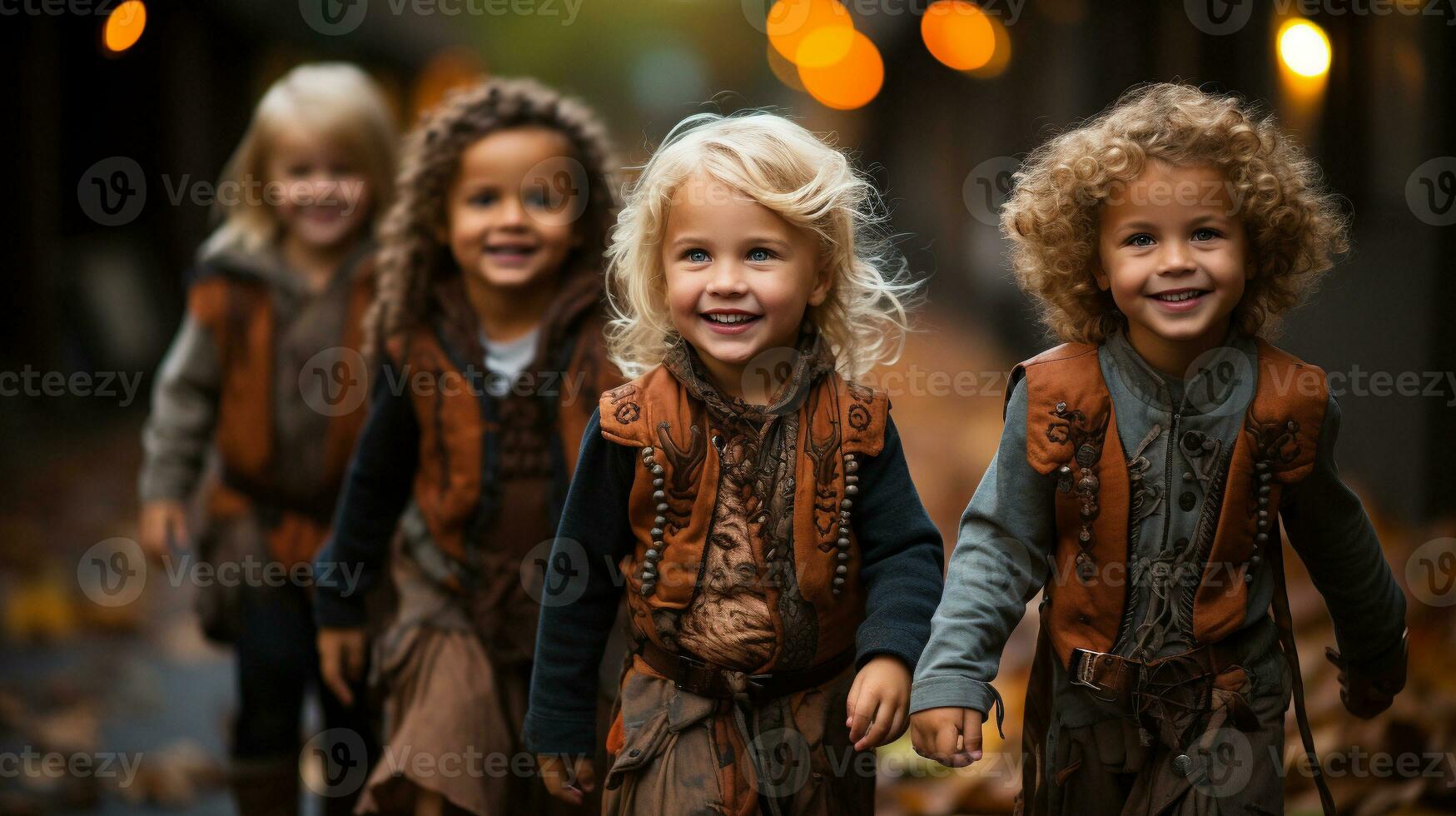 Cute little children dressed up for Halloween walking down the sidewalk together - generative AI. photo
