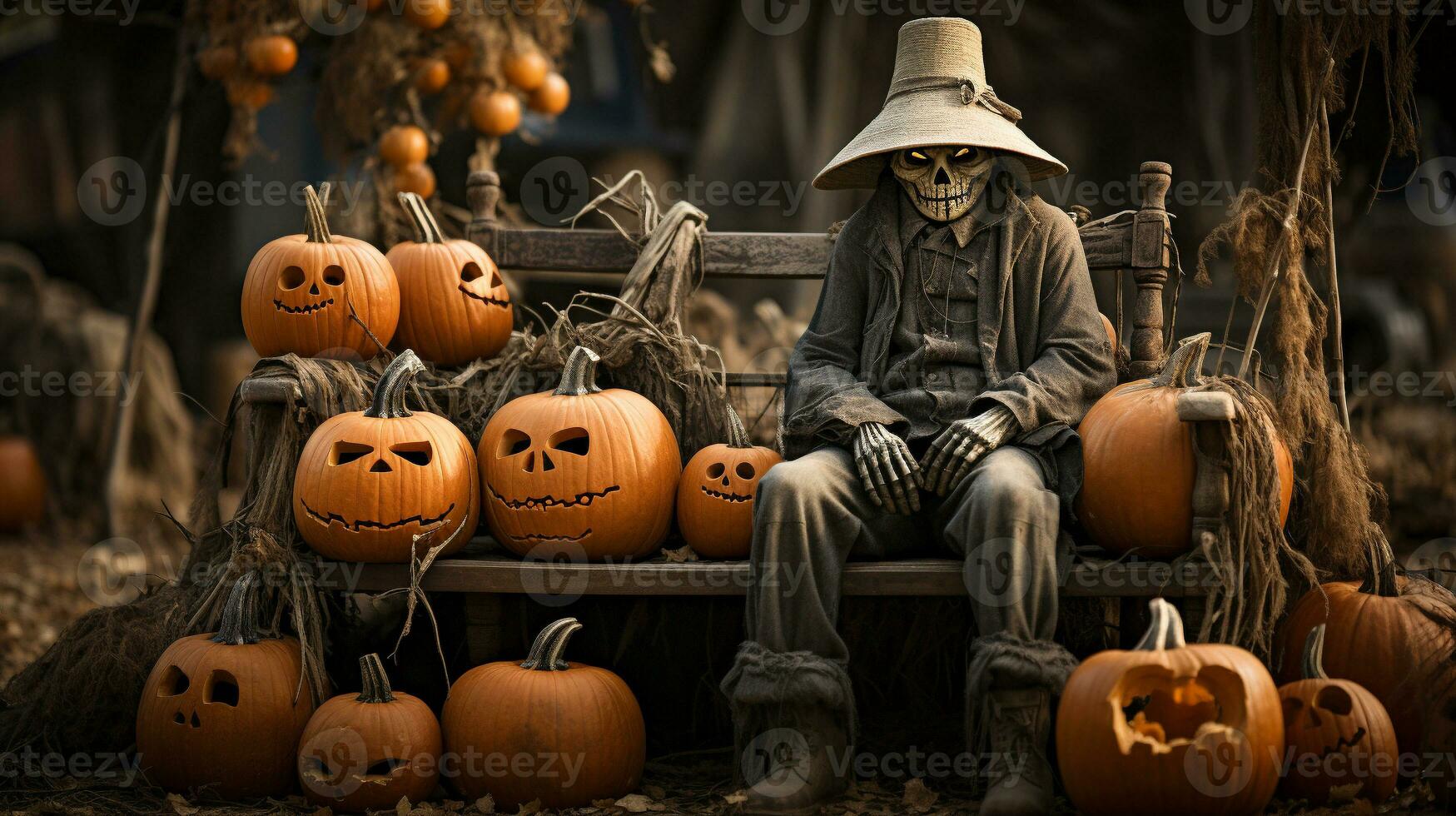Decorated Halloween porch with pumpkins, hay bails and eerie skeleton - generative AI. photo