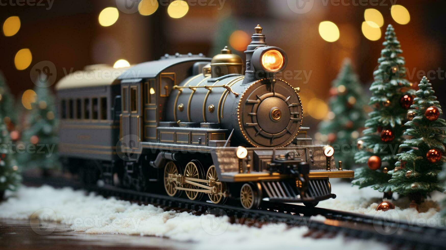 Miniature Locamotive Train Set In A Snowy Christmas Holiday Setting. Generative AI. photo