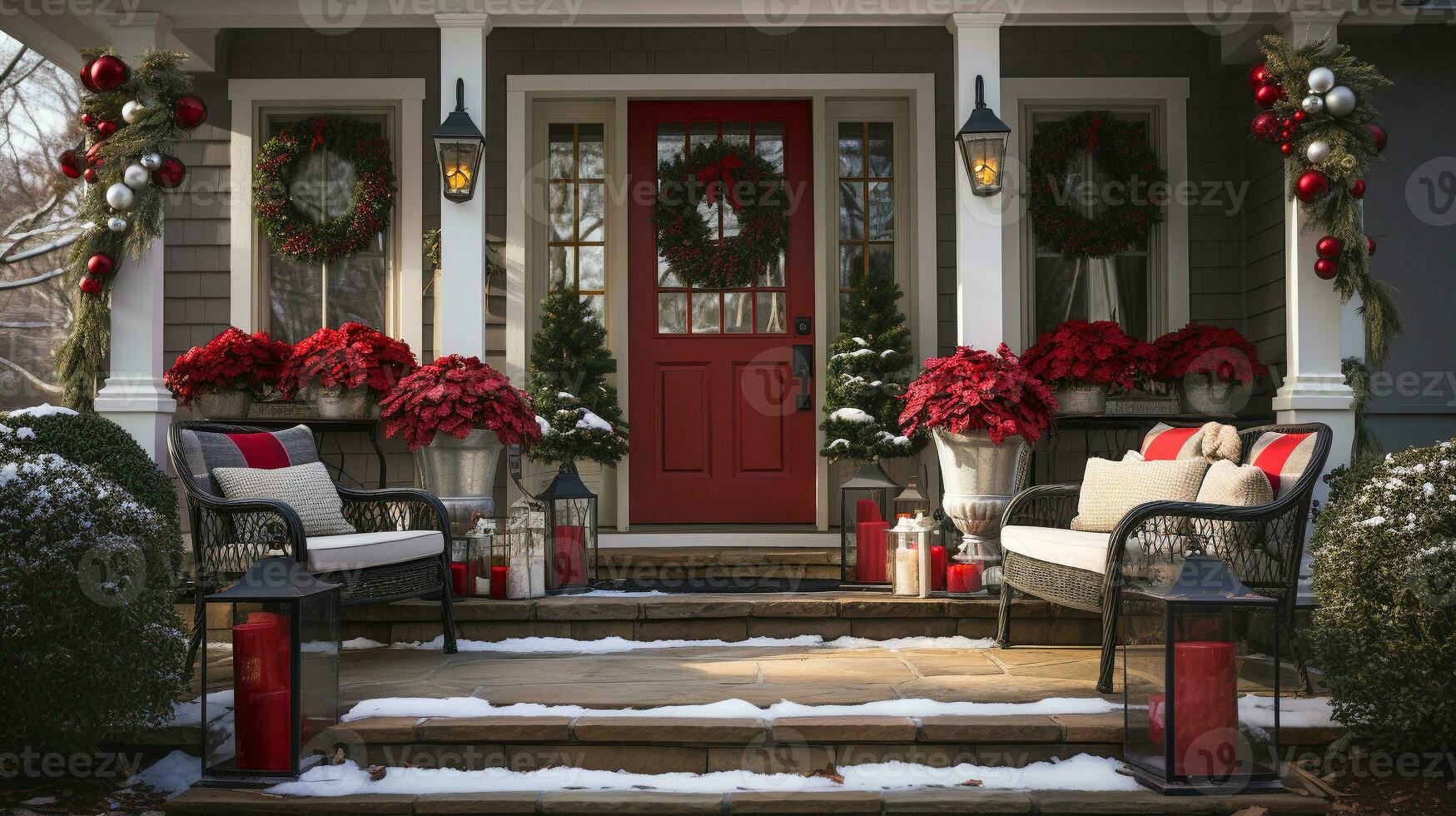 hermosa Navidad decorado frente puerta y porche de un casa en un invierno noche. generativo ai. foto